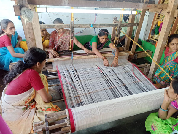 Women weavers of Devarvalsa learning a new weaving technique called Ballakkami. The training was facilitated by the president of one of the largest weaver producer companies of Andhra Pradesh and Telangana.